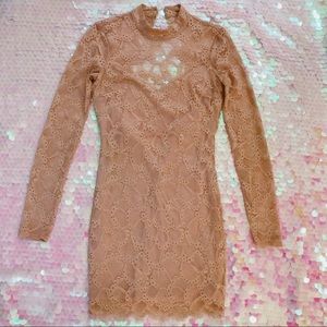 bebe long sleeve lace bodycon dress in blush